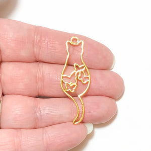 Cat And Butterflies Open Bezel - Gold Tone